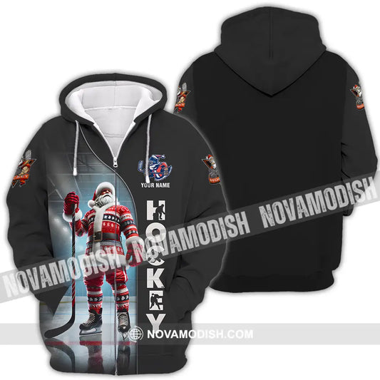 Unisex Shirt - Custom Name Santa Hockey Zipper Hoodie / S T-Shirt