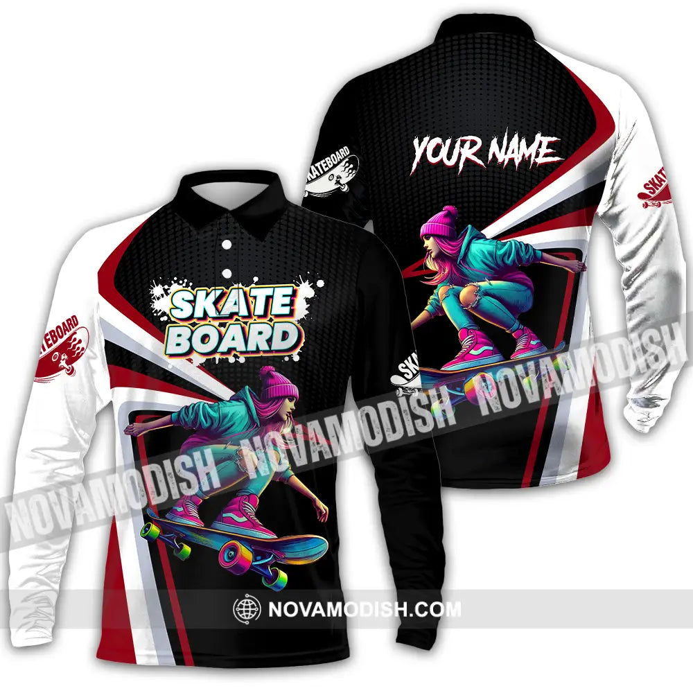 Unisex Shirt - Custom Name Skateboarding Player Dark Sport Shirt Long Sleeve Polo / S T-shirt