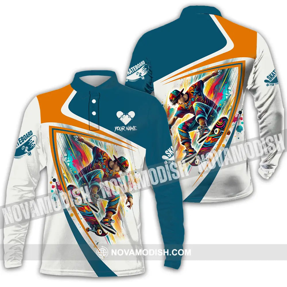 Unisex Shirt - Custom Name Skateboarding Player Heart Sport Shirt Long Sleeve Polo / S T-shirt