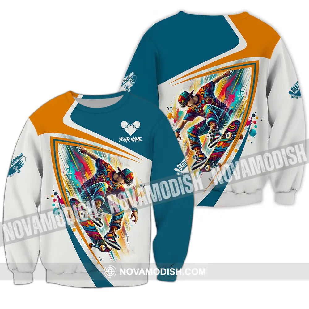 Unisex Shirt - Custom Name Skateboarding Player Heart Sport Shirt Long Sleeve / S T-shirt