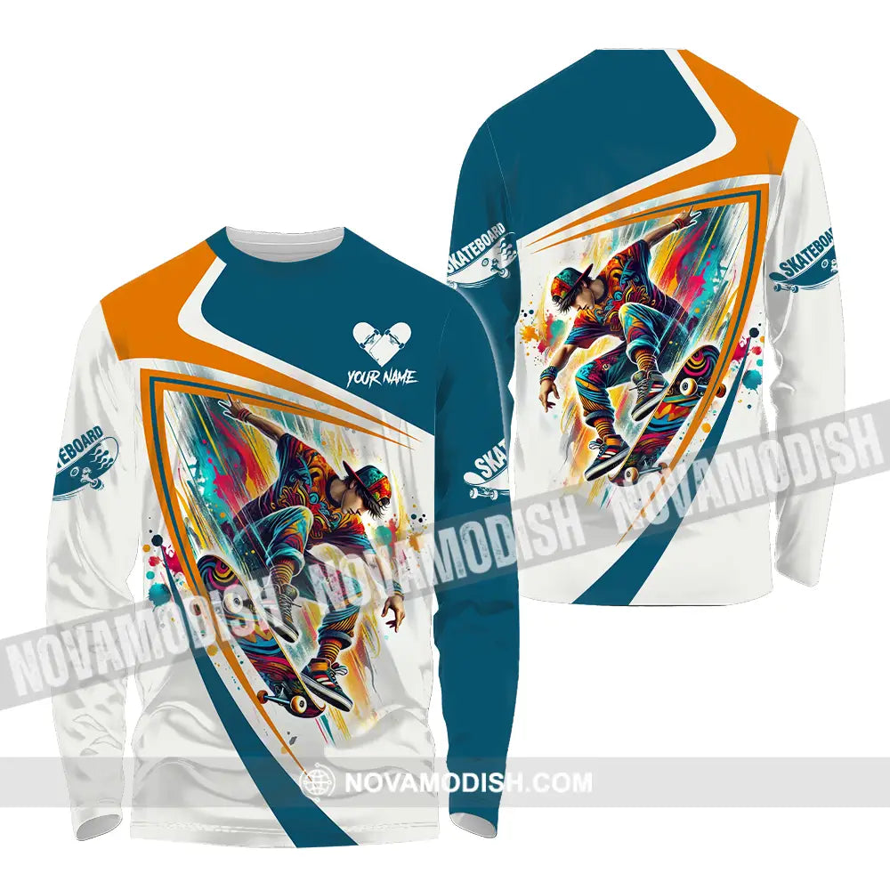 Unisex Shirt - Custom Name Skateboarding Player Heart Sport Shirt Long Sleeve Shirt / S T-shirt
