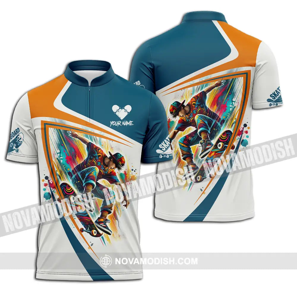 Unisex Shirt - Custom Name Skateboarding Player Heart Sport Shirt Zipper Polo Shirt / S T-shirt