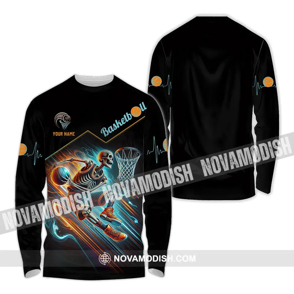 Unisex Shirt - Custom Name Skeleton Basketball Long Sleeve / S T-Shirt