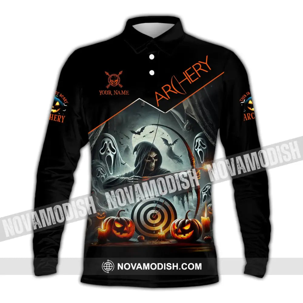 Unisex Shirt - Custom Name Skull Archery Target Long Sleeve Polo / S T-Shirt