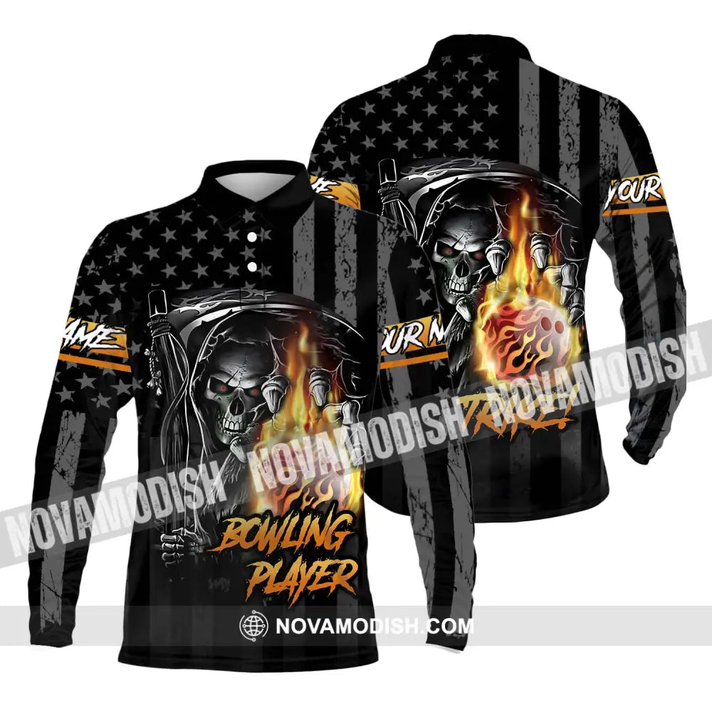 Unisex Shirt - Custom Name Skull Bowling Player Shirt Long Sleeve Polo / S T-shirt