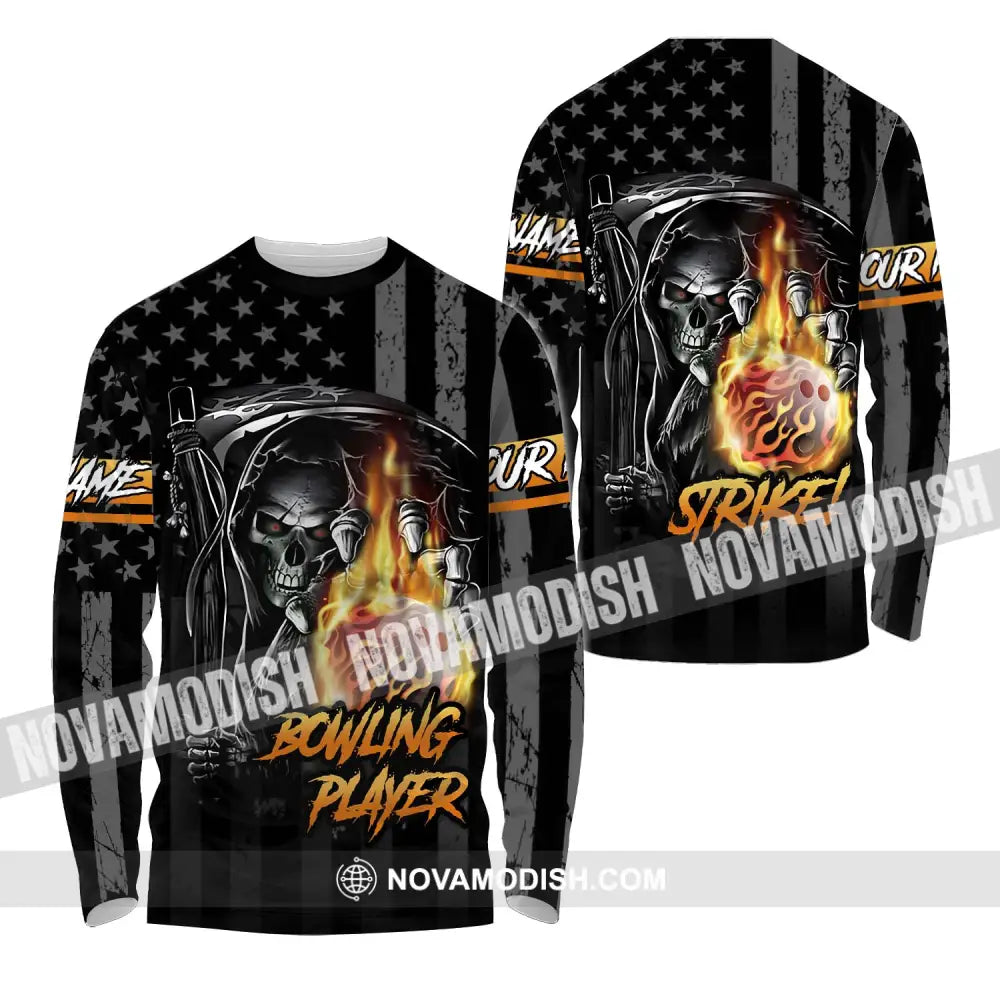 Unisex Shirt - Custom Name Skull Bowling Player Shirt Long Sleeve Shirt / S T-shirt