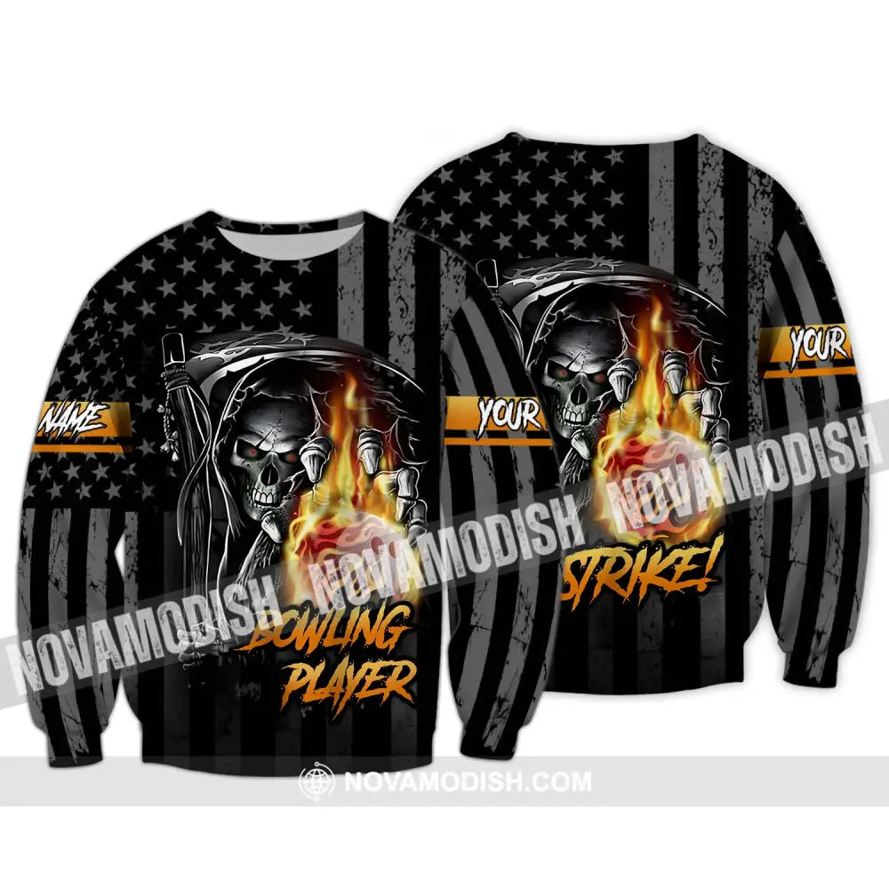 Unisex Shirt - Custom Name Skull Bowling Player Shirt Long Sleeve / S T-shirt