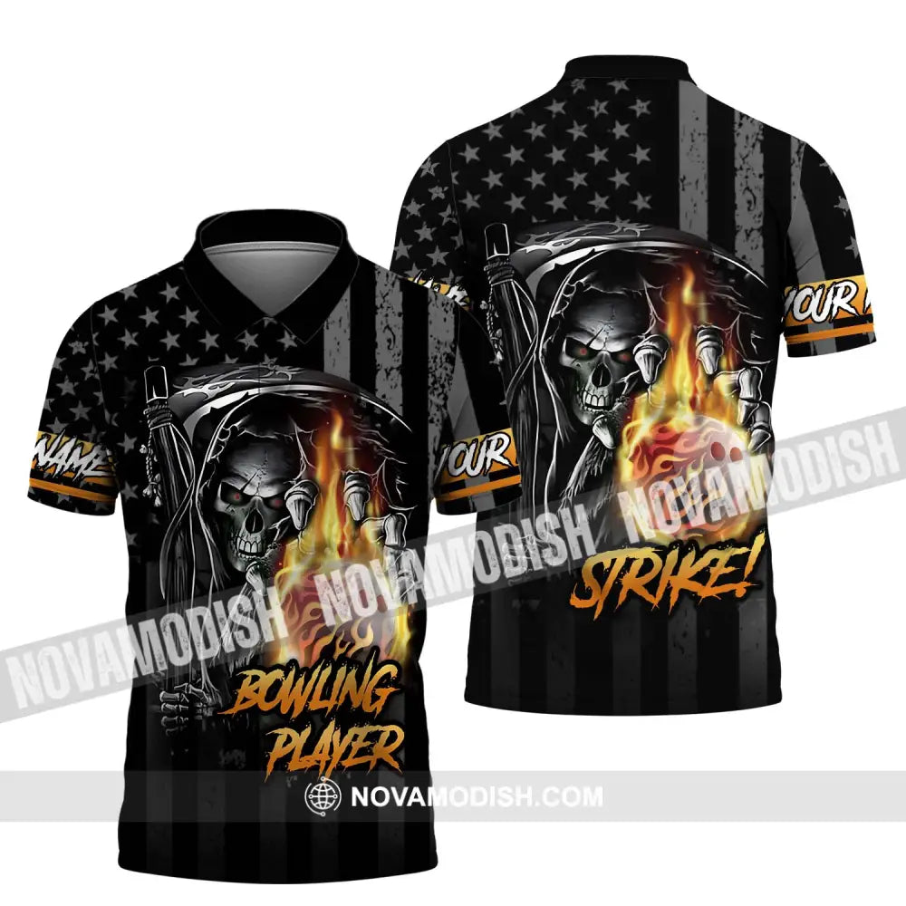 Unisex Shirt - Custom Name Skull Bowling Player Shirt Polo Shirt / S T-shirt