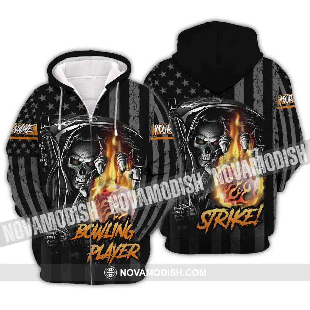 Unisex Shirt - Custom Name Skull Bowling Player Shirt Zipper Hoodie / S T-shirt