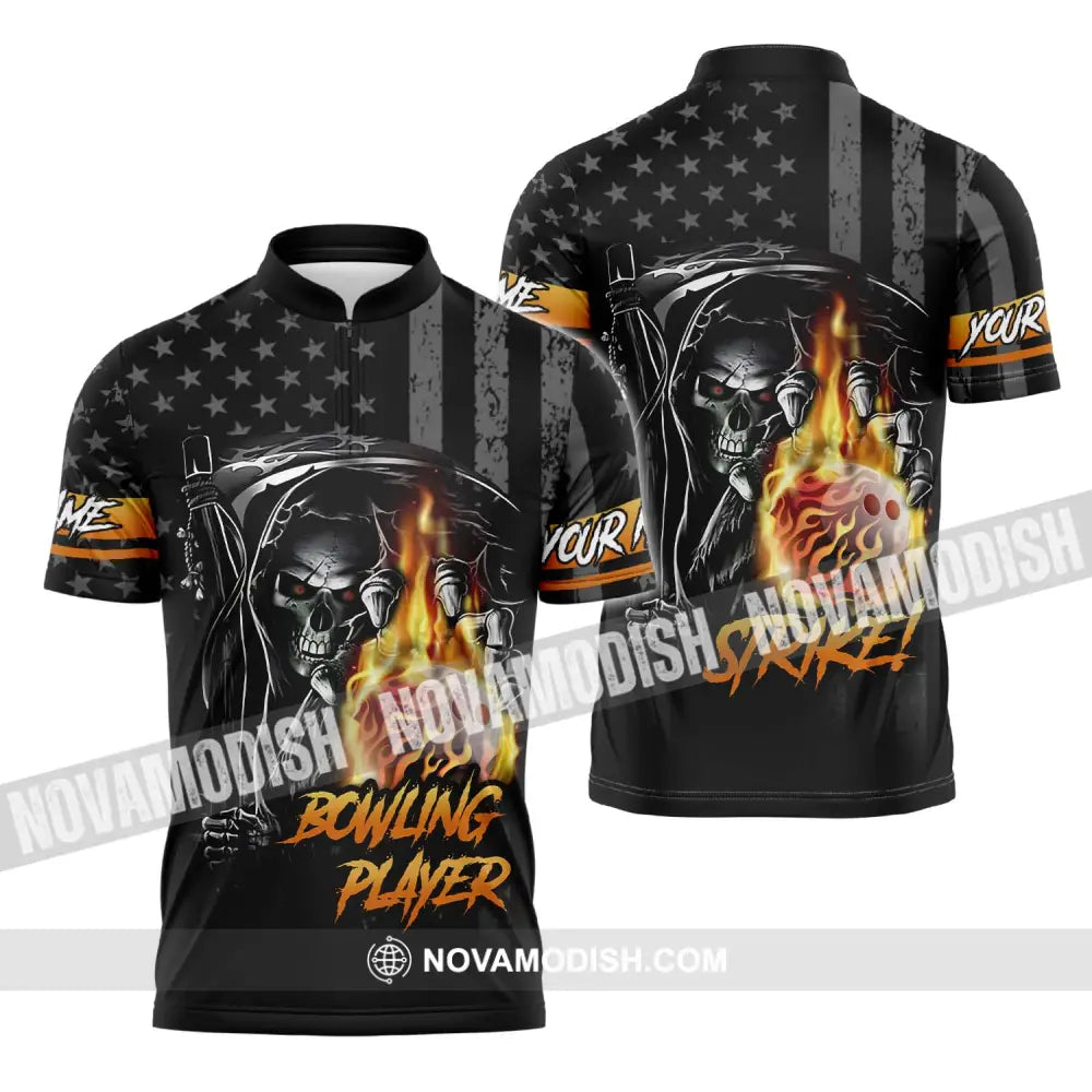 Unisex Shirt - Custom Name Skull Bowling Player Shirt Zipper Polo Shirt / S T-shirt