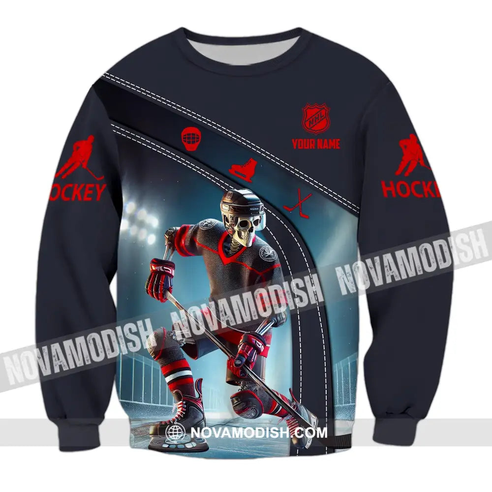 Unisex Shirt - Custom Name Skull Hockey Long Sleeve / S T-Shirt