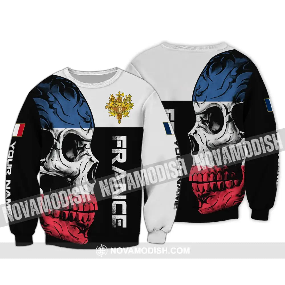Unisex Shirt - Custom Name Shirt - Skullcap France Flag Color Shirt Long Sleeve / S T-shirt