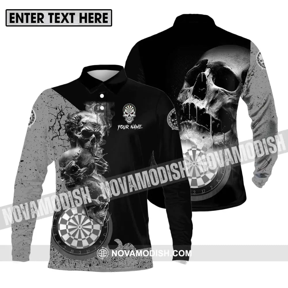 Unisex Shirt - Custom Name Smoking Skull Darts Shirt Long Sleeve Polo / S T-shirt