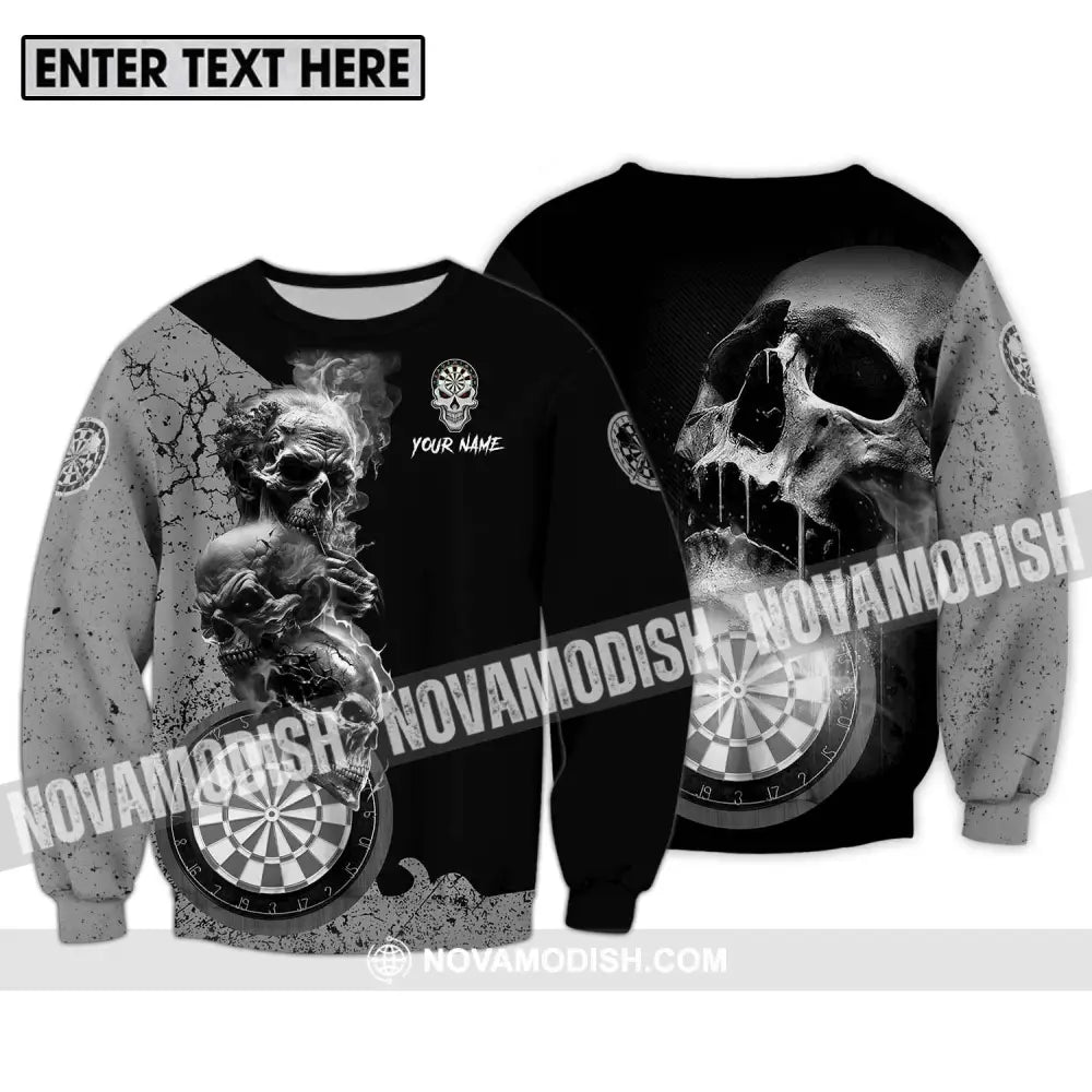 Unisex Shirt - Custom Name Smoking Skull Darts Shirt Long Sleeve / S T-shirt