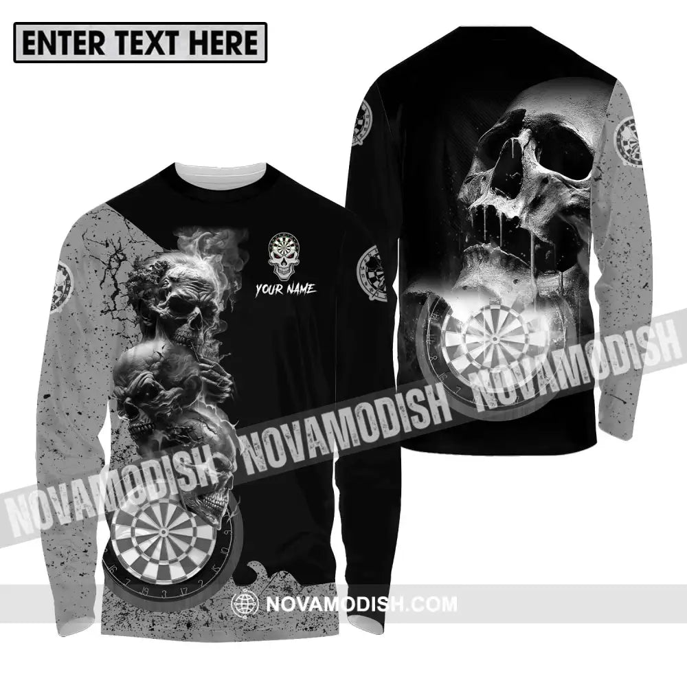Unisex Shirt - Custom Name Smoking Skull Darts Shirt Long Sleeve Shirt / S T-shirt