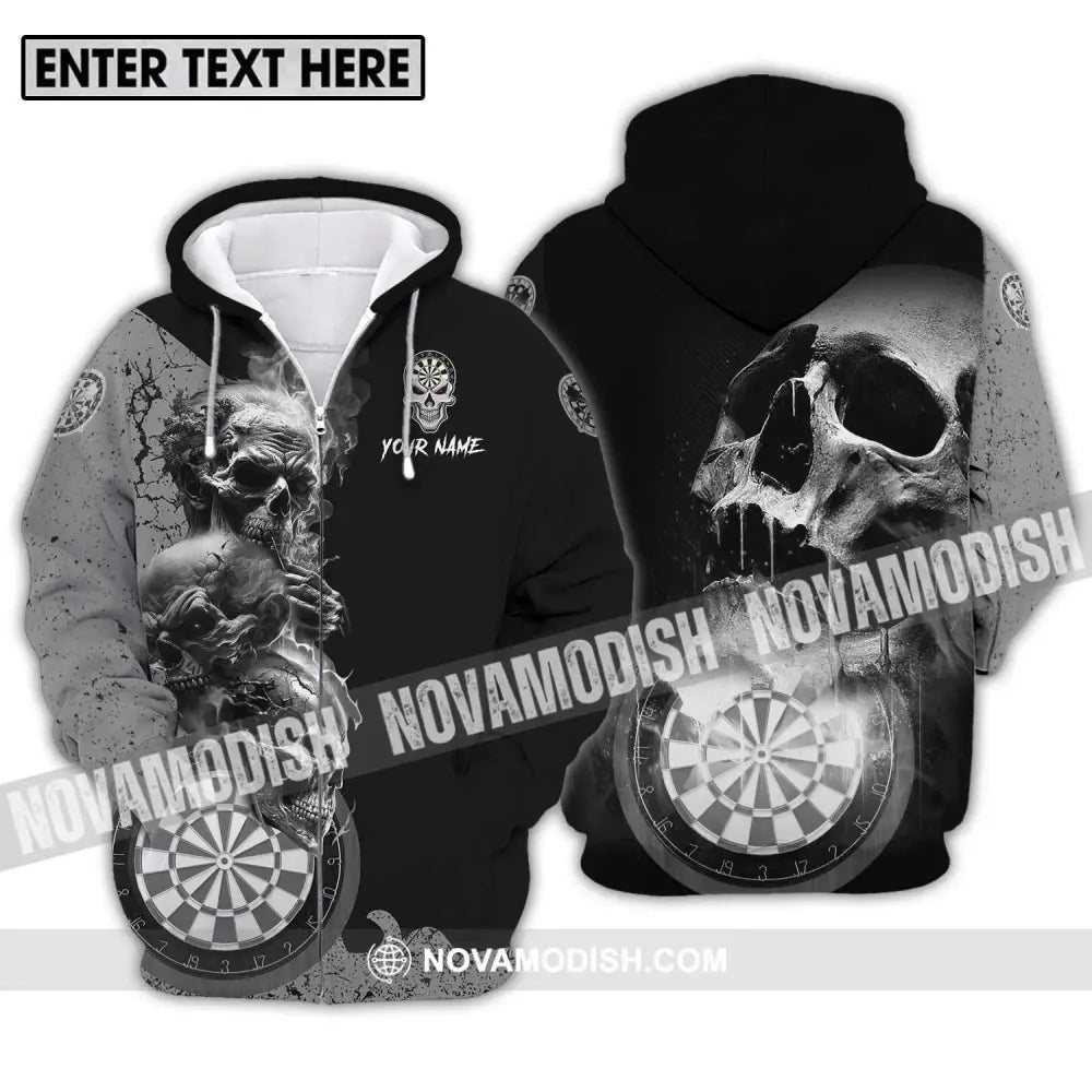Unisex Shirt - Custom Name Smoking Skull Darts Shirt Zipper Hoodie / S T-shirt
