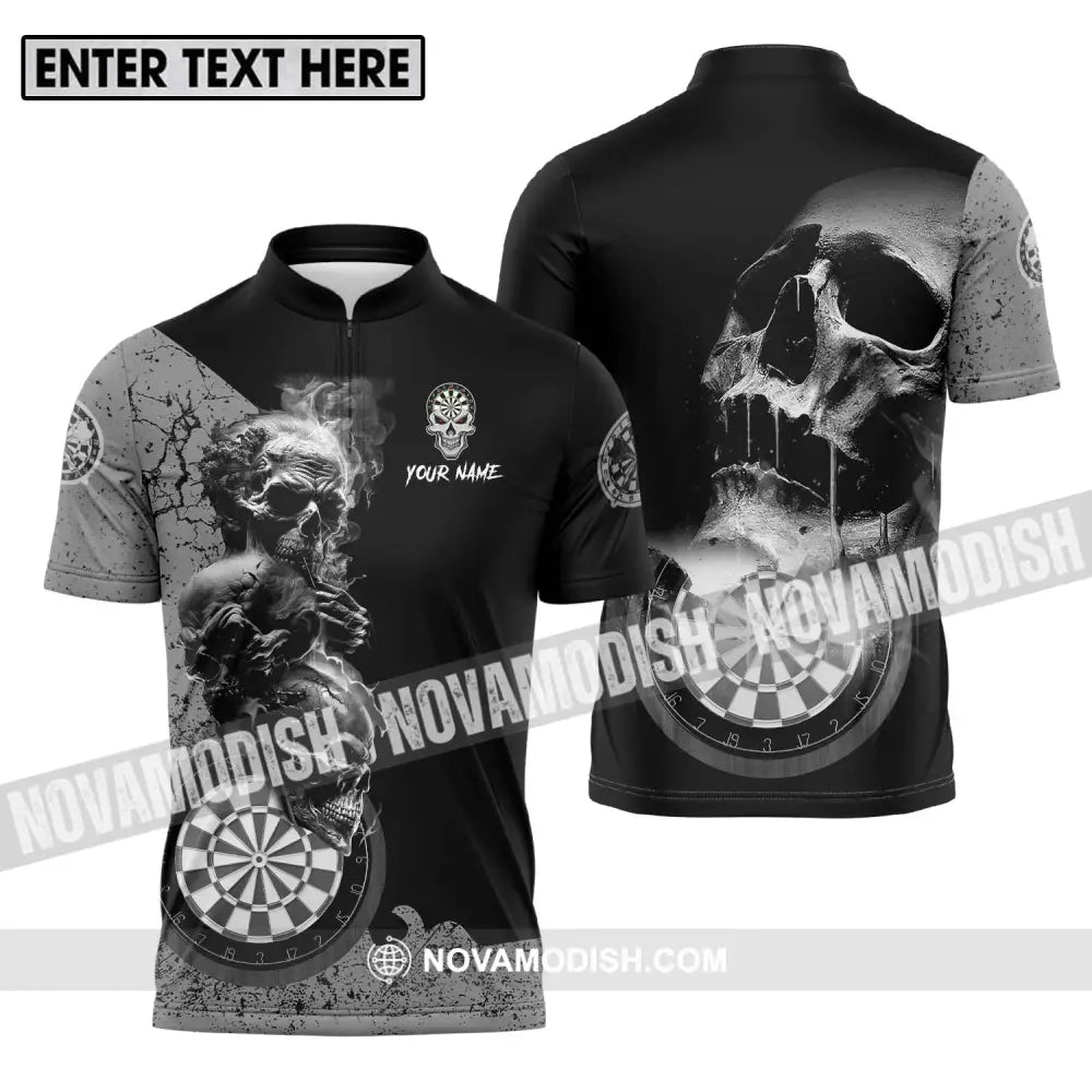 Unisex Shirt - Custom Name Smoking Skull Darts Shirt Zipper Polo Shirt / S T-shirt