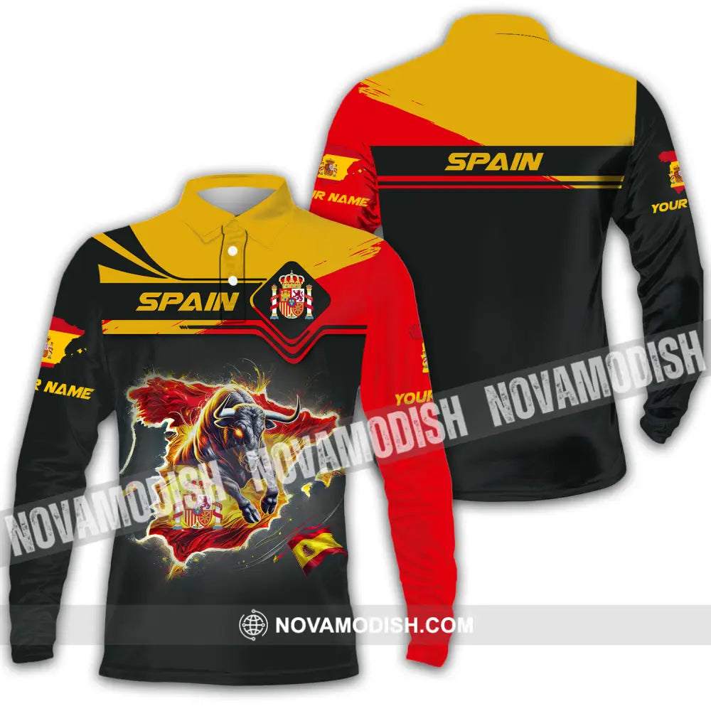 Unisex Shirt - Custom Name Spain Team Lover Shirt Spain Map Long Sleeve Polo / S T-shirt
