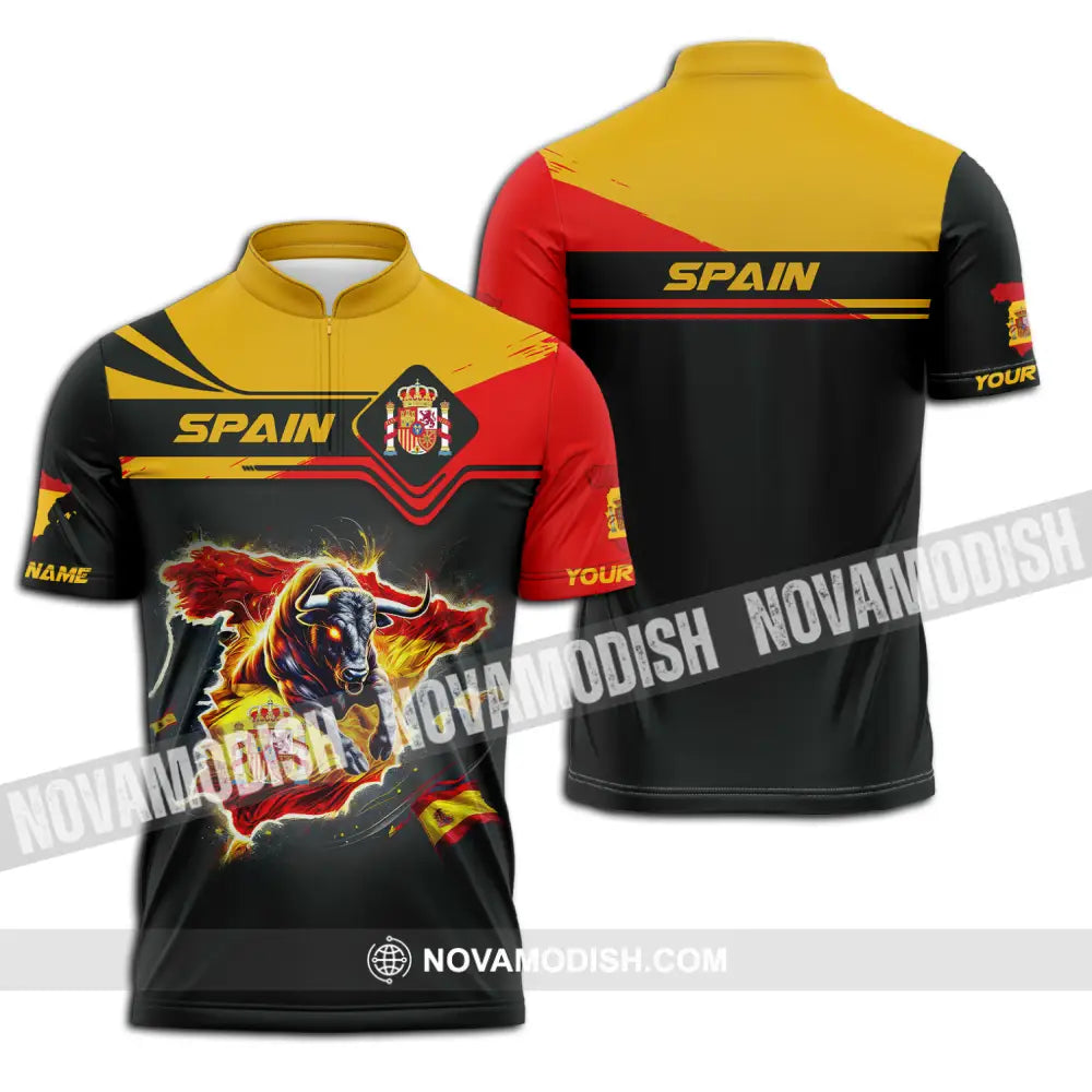 Unisex Shirt - Custom Name Spain Team Lover Shirt Spain Map Zipper Polo Shirt / S T-shirt