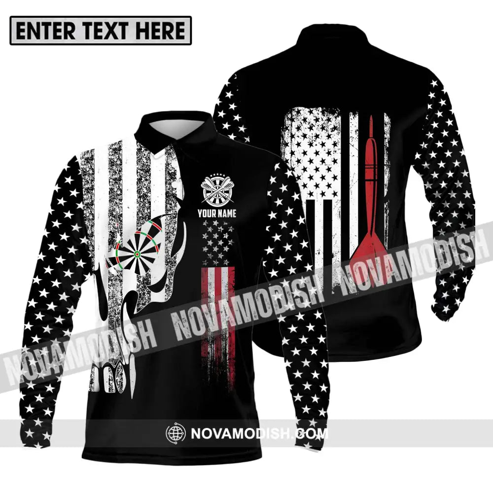 Unisex Shirt - Custom Name Sport Shirt America Flag Darts Long Sleeve Polo / S T-shirt