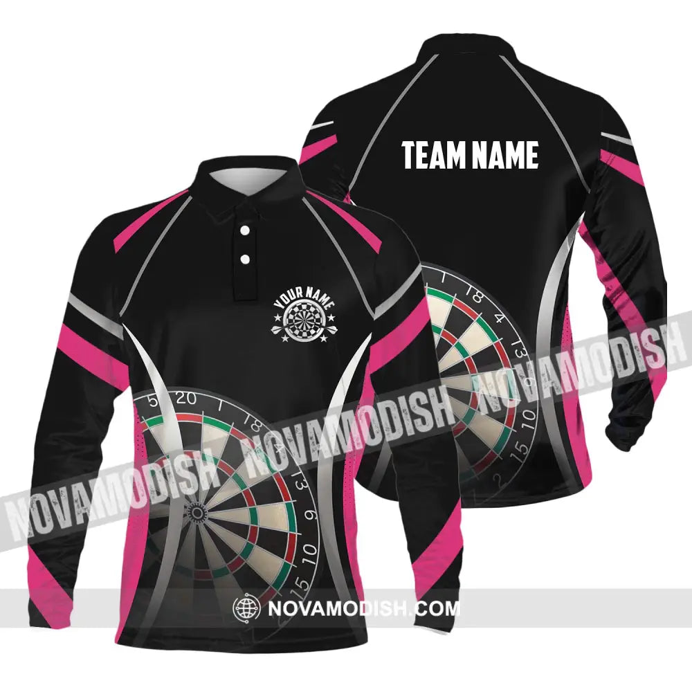Unisex Shirt - Custom Name Sport Shirt Black Pink Darts Long Sleeve Polo / S T-shirt