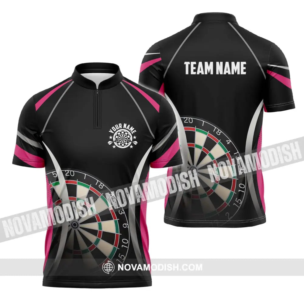 Unisex Shirt - Custom Name Sport Shirt Black Pink Darts Zipper Polo Shirt / S T-shirt