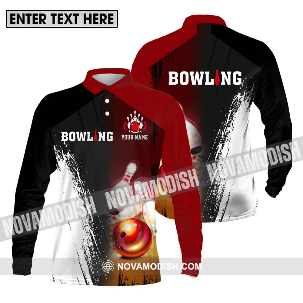 Unisex Shirt - Custom Name Sport Shirt Bowling Red Ball Long Sleeve Polo / S T-shirt