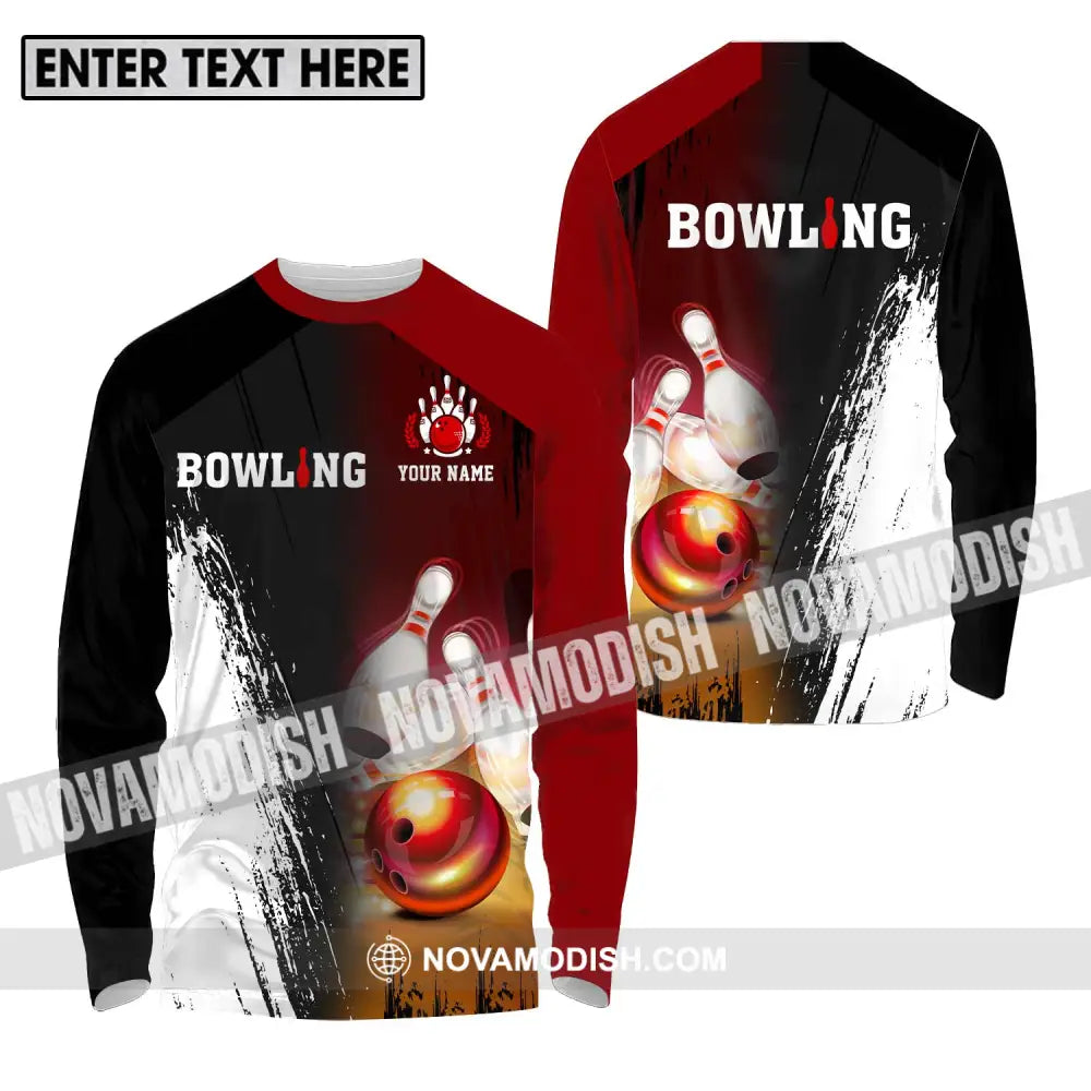 Unisex Shirt - Custom Name Sport Shirt Bowling Red Ball Long Sleeve Shirt / S T-shirt