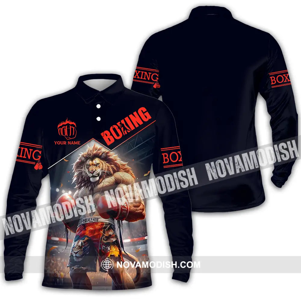 Unisex Shirt - Custom Name Sport Shirt Boxing Lion King Long Sleeve Polo / S T-shirt