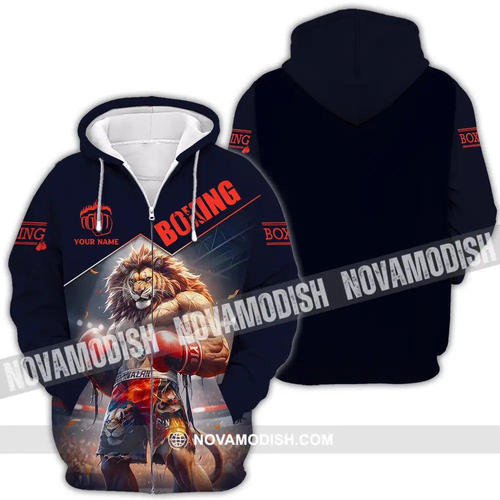 Unisex Shirt - Custom Name Sport Shirt Boxing Lion King Zipper Hoodie / S T-shirt