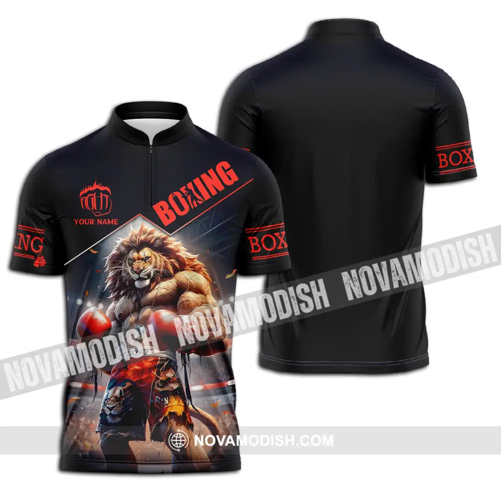 Unisex Shirt - Custom Name Sport Shirt Boxing Lion King Zipper Polo Shirt / S T-shirt