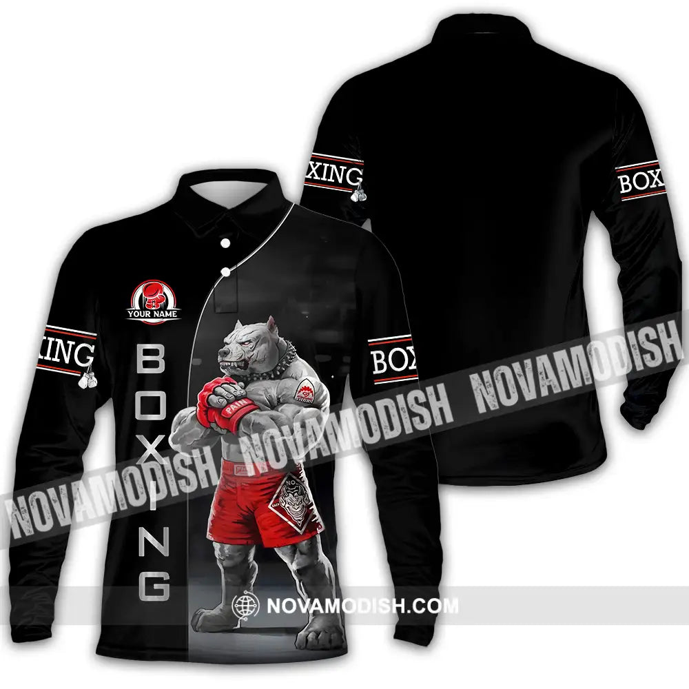 Unisex Shirt - Custom Name Sport Shirt Boxing Pitbull Dog Long Sleeve Polo / S T-shirt