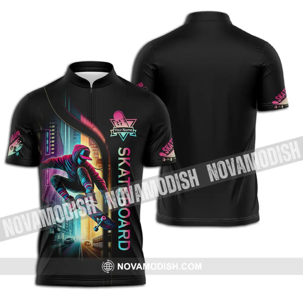 Unisex Shirt - Custom Name Sport Shirt Colorful Street Skateboard Zipper Polo Shirt / S T-shirt