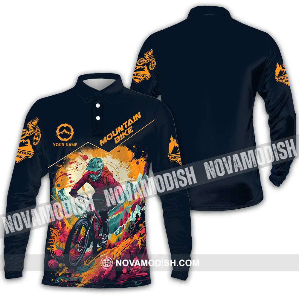 Unisex Shirt - Custom Name Sport Shirt Drawing Mountain Biker Long Sleeve Polo / S T-shirt