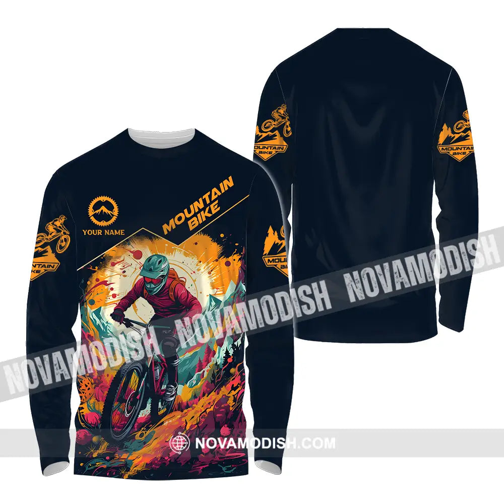 Unisex Shirt - Custom Name Sport Shirt Drawing Mountain Biker Long Sleeve Shirt / S T-shirt