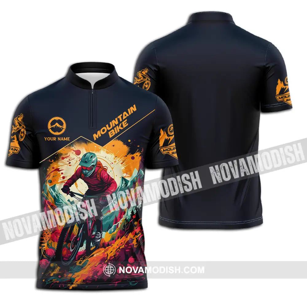Unisex Shirt - Custom Name Sport Shirt Drawing Mountain Biker Zipper Polo Shirt / S T-shirt
