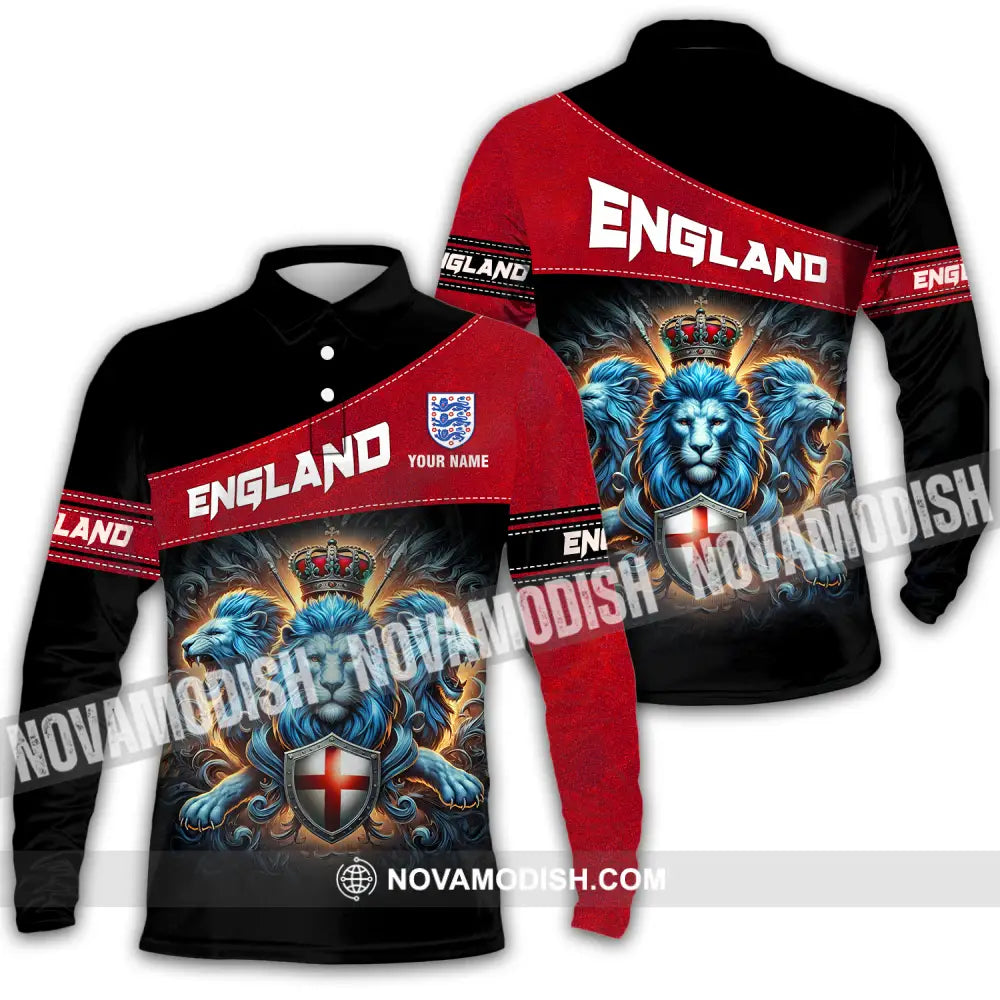 Unisex Shirt - Custom Name Sport Shirt England Three Lions Long Sleeve Polo / S T-shirt