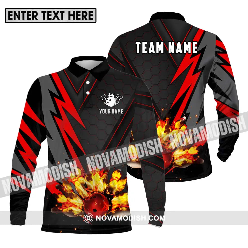 Unisex Shirt - Custom Name Sport Shirt Fire Bowling Pins And Ball Long Sleeve Polo / S T-shirt