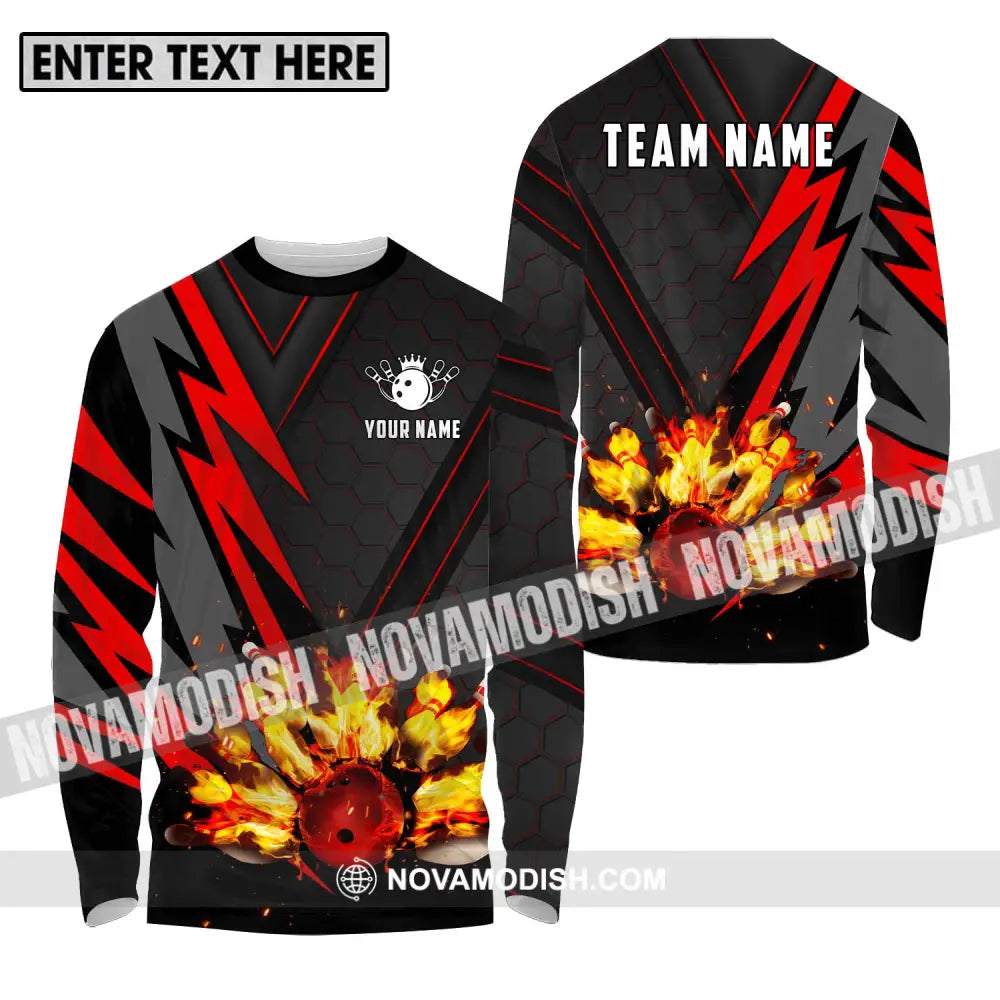 Unisex Shirt - Custom Name Sport Shirt Fire Bowling Pins And Ball Long Sleeve Shirt / S T-shirt