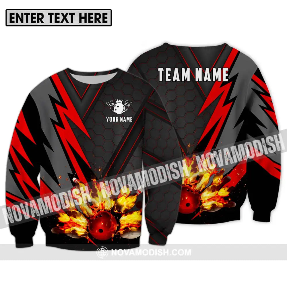 Unisex Shirt - Custom Name Sport Shirt Fire Bowling Pins And Ball Long Sleeve / S T-shirt