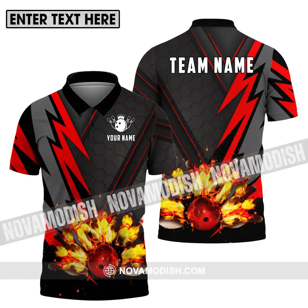 Unisex Shirt - Custom Name Sport Shirt Fire Bowling Pins And Ball Polo Shirt / S T-shirt