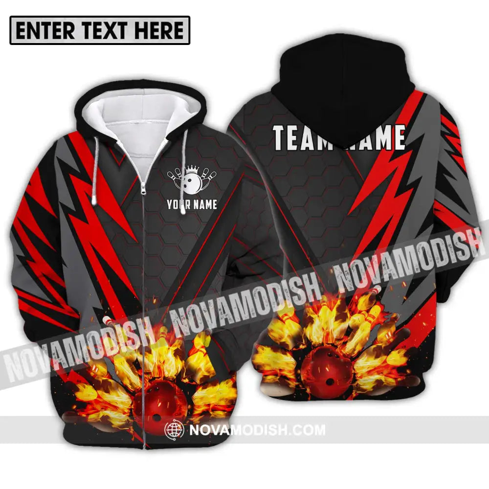 Unisex Shirt - Custom Name Sport Shirt Fire Bowling Pins And Ball Zipper Hoodie / S T-shirt