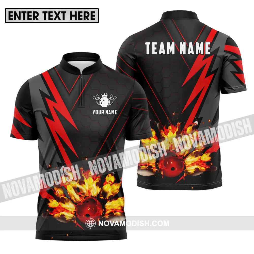 Unisex Shirt - Custom Name Sport Shirt Fire Bowling Pins And Ball Zipper Polo Shirt / S T-shirt