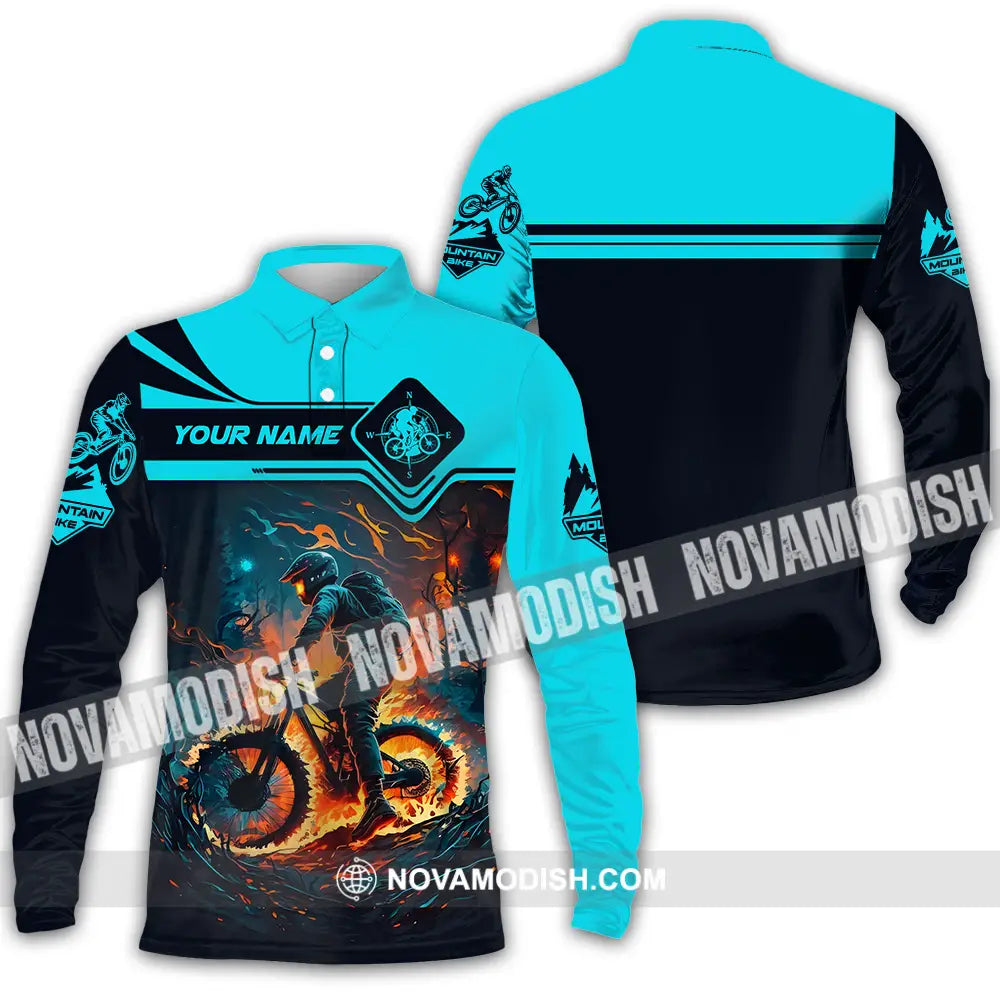 Unisex Shirt - Custom Name Sport Shirt Fire Mountain Biker Long Sleeve Polo / S T-shirt