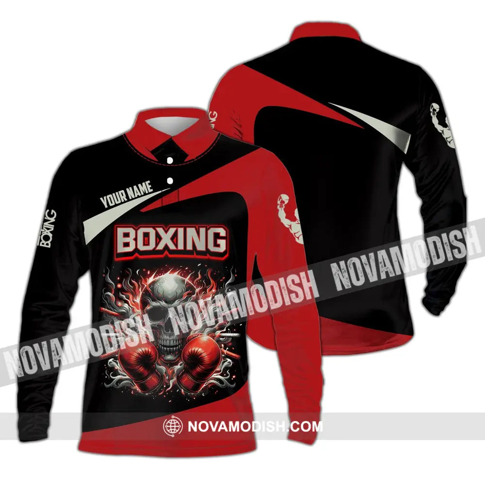 Unisex Shirt - Custom Name Sport Red Glove Boxing Skull Long Sleeve Polo / S T-Shirt