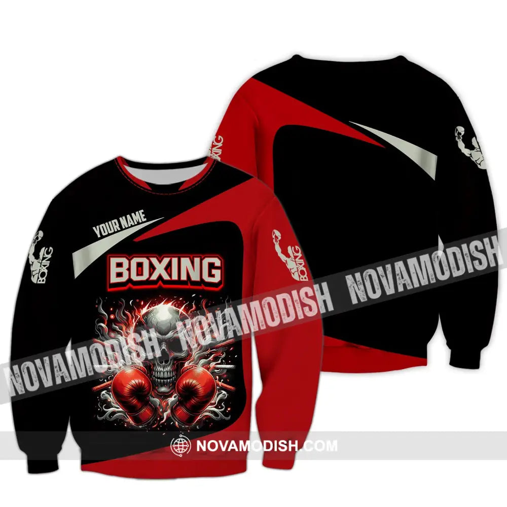 Unisex Shirt - Custom Name Sport Red Glove Boxing Skull Long Sleeve / S T-Shirt