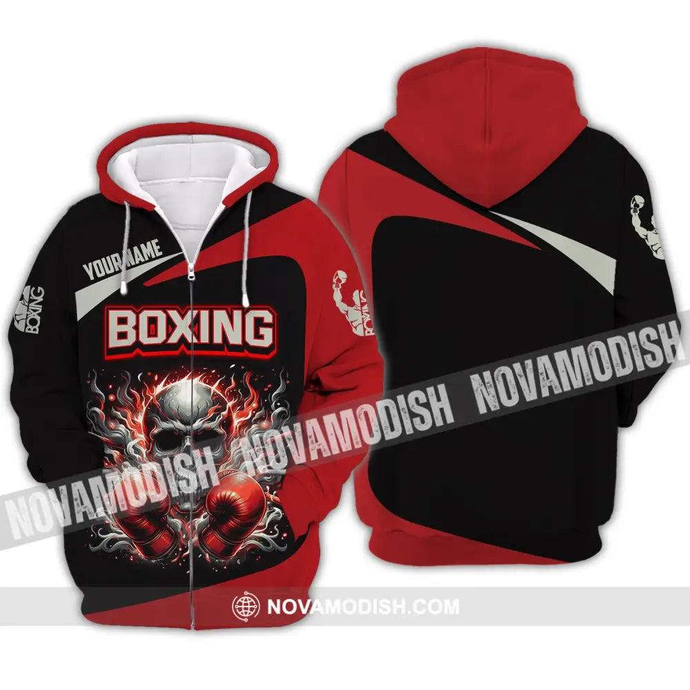 Unisex Shirt - Custom Name Sport Red Glove Boxing Skull Zipper Hoodie / S T-Shirt