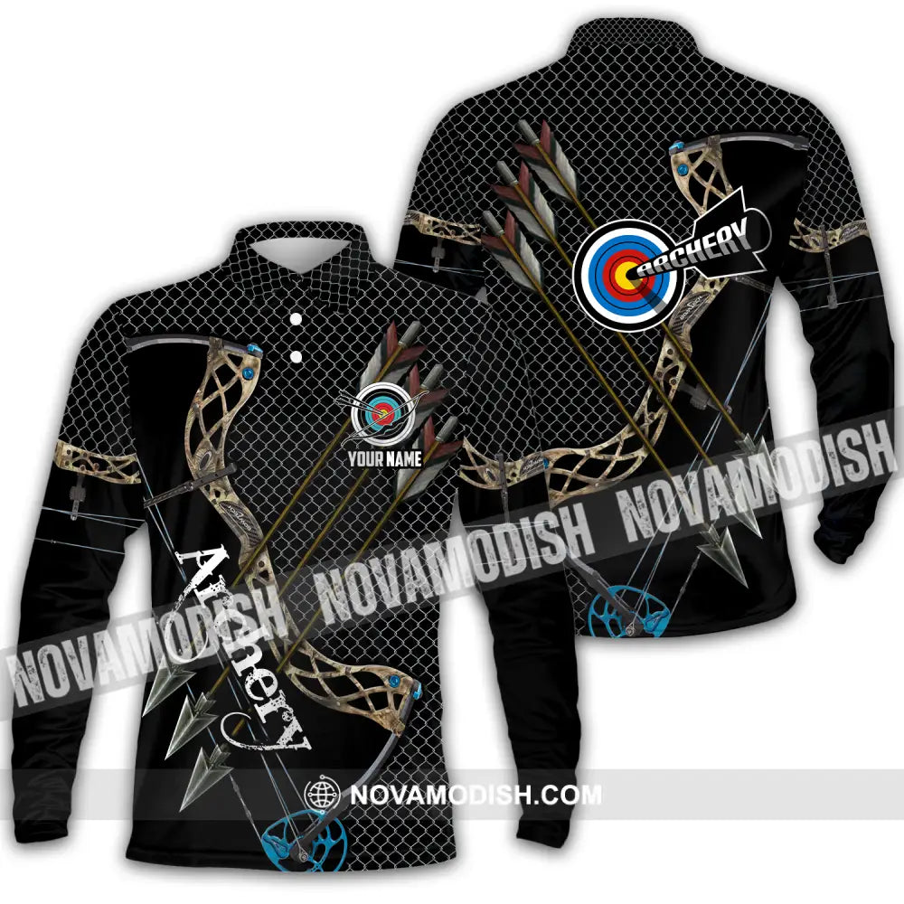 Unisex Shirt - Custom Name Sport Shirt Three Arrows Archery Long Sleeve Polo / S T-shirt