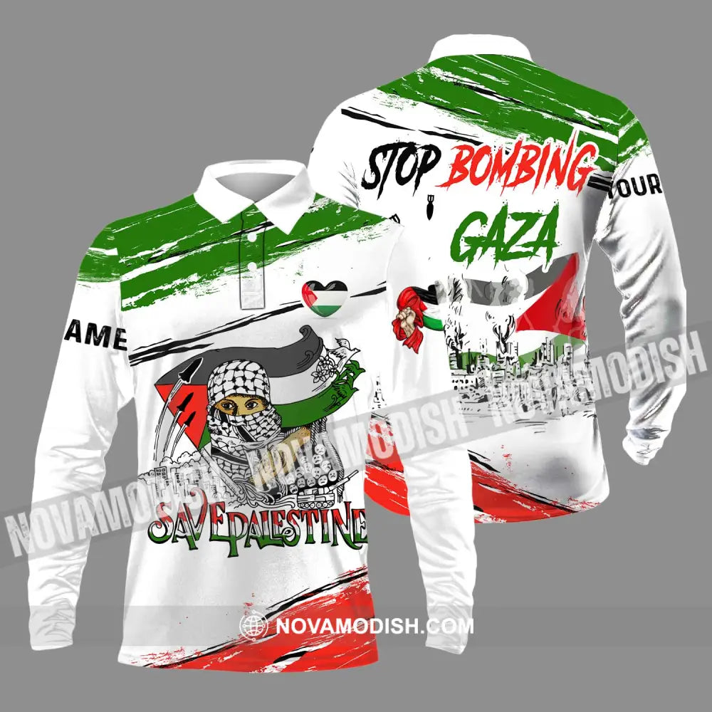 Unisex Shirt - Custom Name Shirt Stop Bombing Gaza Long Sleeve Polo / S T-shirt