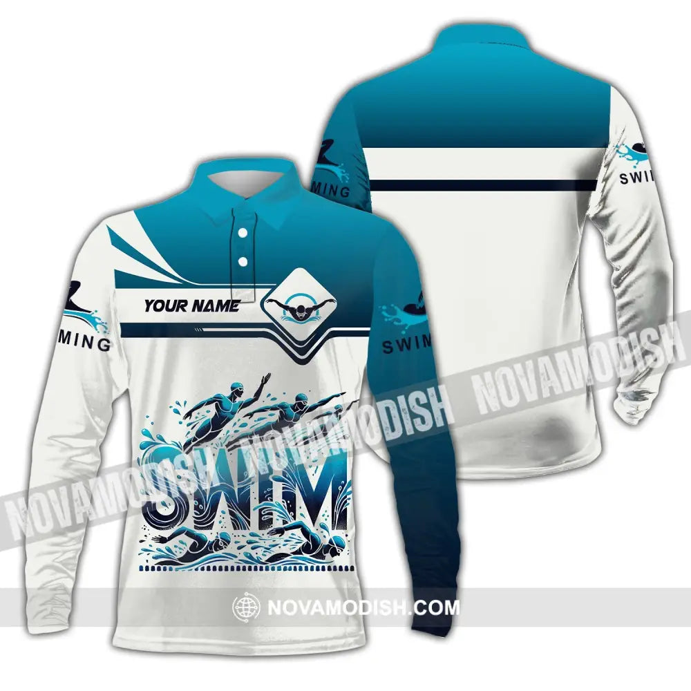 Unisex Shirt Custom Name Swimming T-Shirt For Club Gift Swimmers Long Sleeve Polo / S T-Shirt